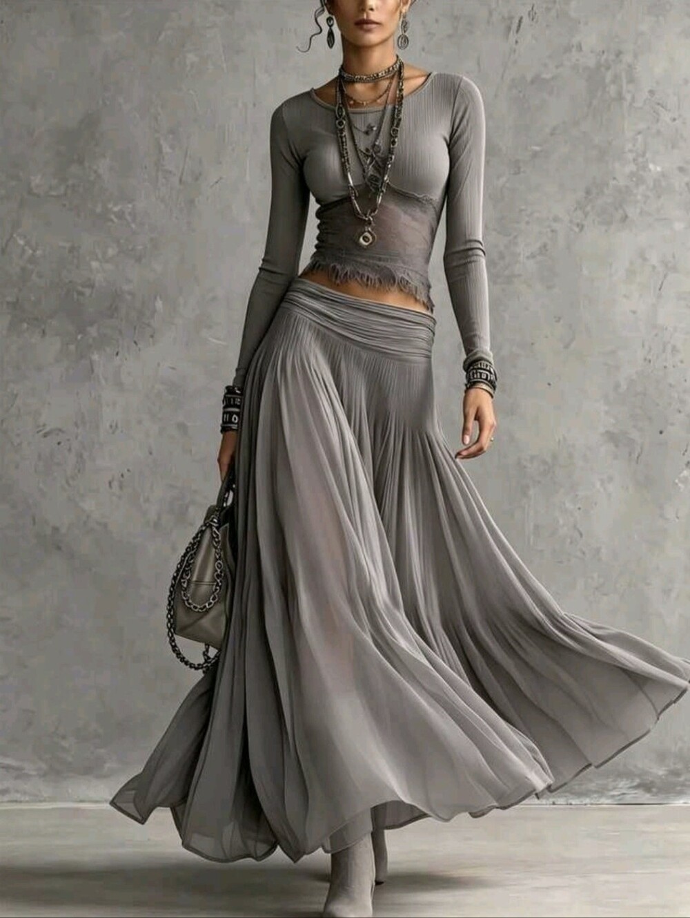 Women's Elegant Lace Ribbed Chiffon 2 Pieces Set